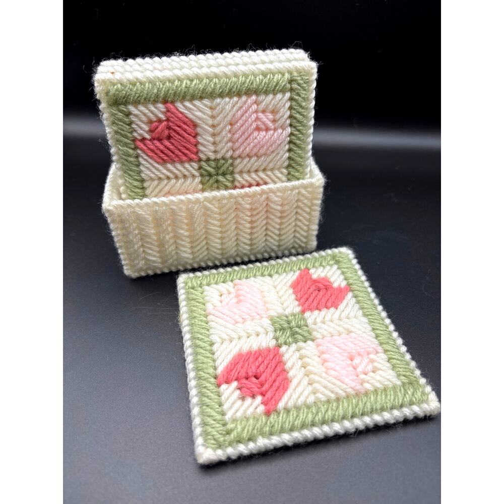 Vintage Plastic Canvas 4 Coaster Set with Holder Handmade Floral Design 1990s